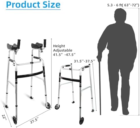 Stand Up Walker with Bearing Wheels - Height Adjustable Standard Walkers with Armrest Pad, Foldable Walker for Seniors, Elderly, Aluminum Platform Walkers with Small Bag, Silver