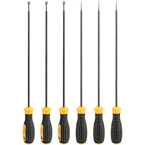 SEUNMUK 6 PCS 12 Inch long Magnetic Precision Screw Driver Tool Set, 3 Flat Head and 3 Cross Head Screwdriver Set, Magnetic Long Screwdriver Set with Rubber Handle