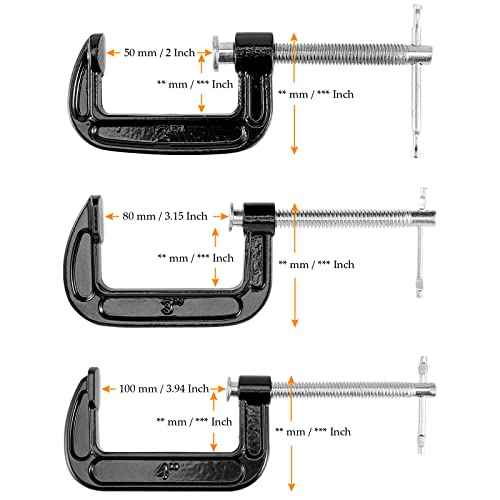 6 PCS 3 Size C-clamp Set, 2" 3" 4" Small C Clamps, Mini G Clamps for Woodworking or Metal Workpiece, Black