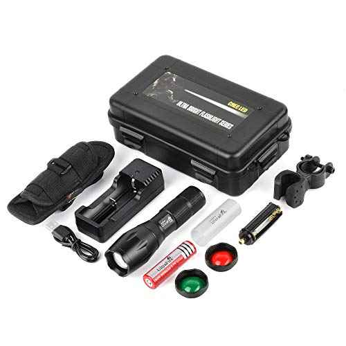 ULTRAFIRE A100 Tactical Flashlight, 800 Lumens 5 Modes LED Zoomable Hunting Flashlight Torch with Duty Belt Flashlight Holster, Red/Green/White Exchange Glass