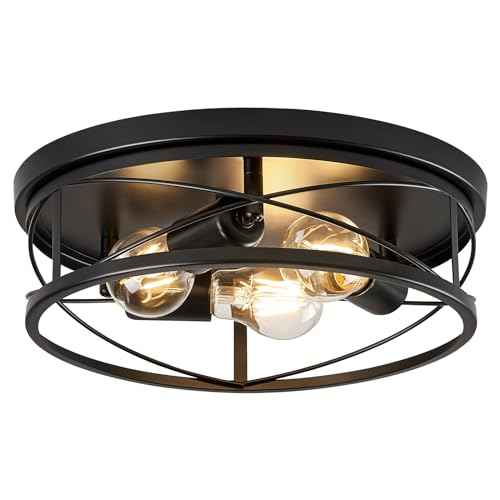 Farmhouse Light Fixtures, Black Round Metal Flush Mount Ceiling Light, 3-Light Cage Ceiling Lamp for Kitchen, Foyer, Bedroom, Hallway£¨Bulbs Not Included£©