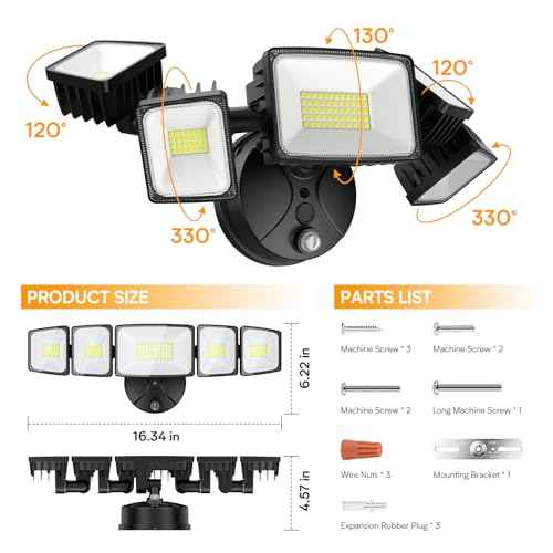 Onforu 120W 12000LM Dusk to Dawn Outdoor Lighting,5 Heads Flood Lights Outdoor,6500K Super Bright Outdoor Lighting,IP66 Waterproof Hardwired LED Security Lights for Garage,Yard,Outside