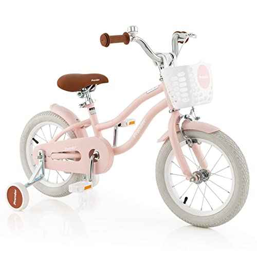 BABY JOY Kids Bike, 12 14 16 18 20 Inch Boys Girls Bike w/Adjustable Seat, Removable Basket, Handbrake & Coaster Brake, Training Wheels or Kickstand, Kids Bicycle with Multi-Color