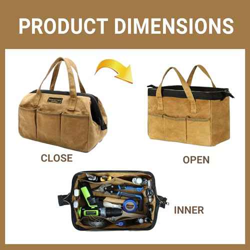 Tool Tote, 13-inch Heavy Duty Waxed Canvas Wide Mouth Tool Bag, Open Top tool Pouch with Handle for Tools, Wrenches, Screwdrivers (13 X 7 X 9 inch) | Khaki