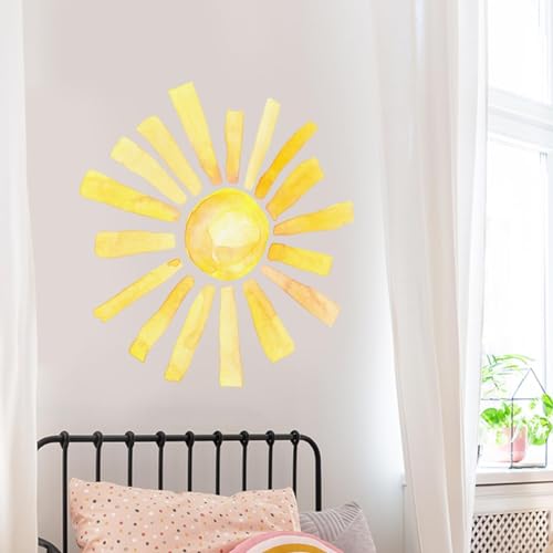 Cumule Boho Watercolor Sun Wall Decals, 22.44x22.04 Inch, Yellow, PVC, Indoor, Nursery Wall Stickers, Rectangular, Cartoon, Sun-1, 2 Pack