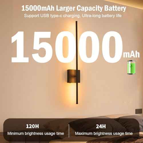 Battery Operated Wall Sconce Set of 2, Black USB Rechargeable Sconces Wall Deco Set of Two, Dimmable Cordless Wall Sconce with Remote Control, LED Wireless Wall Lighting,31.6 in