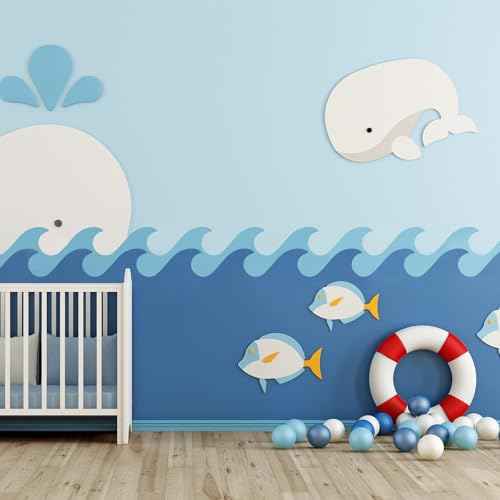 Fuutreo 6 Pcs 14.8 ft Vinyl Sea Waves Stencil for Wall Removable Wave Edge Paint Stencils Self Adhesive Wall Stencil for Home Bedroom Living Room Nursery DIY Painting Decorations
