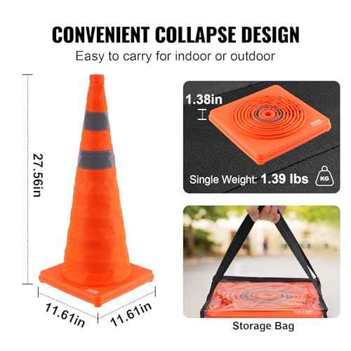 VEVOR Safety Cones, 4 Pack 28 inch Collapsible Traffic Cones, Construction Cones with Reflective Collars, Wide Base and A Storage Bag, for Traffic Control, Driving Training, Parking Lots
