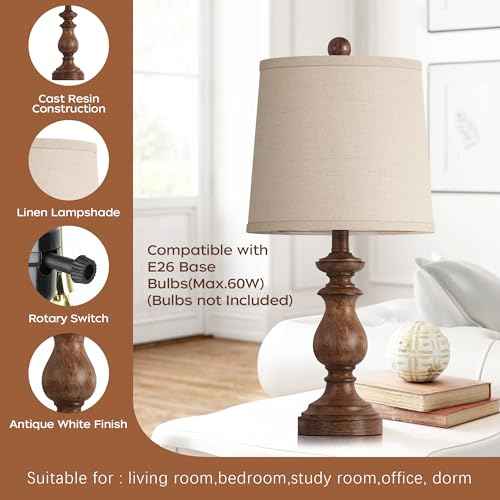 PARTPHONER Traditional Table Lamp Set of 2, Rustic Farmhouse Table Lamps for Living Room Bedroom, 22" Bedside Desk Lamps Vintage Nightstand Lamps with Linen Shades, Wood Grain