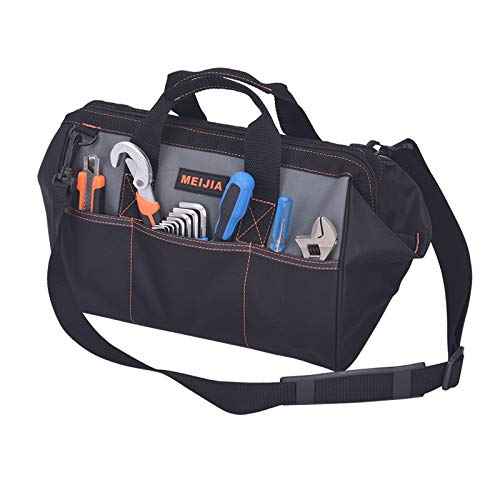 MEIJIA Portable Waterproof Tool Bag, Wide Mouth Open, Multi Inside Pockets for Tool Storage with Adjustable Shoulder Strap(14")