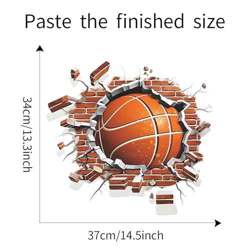 Broken Wall Basketball Wall Stickers, sacinora 3D Sport Wall Decals Brickyard Removable Vinyl Peel and Stick for Kids Teens Boys Bedroom Nursery Playroom Art Home Decorations