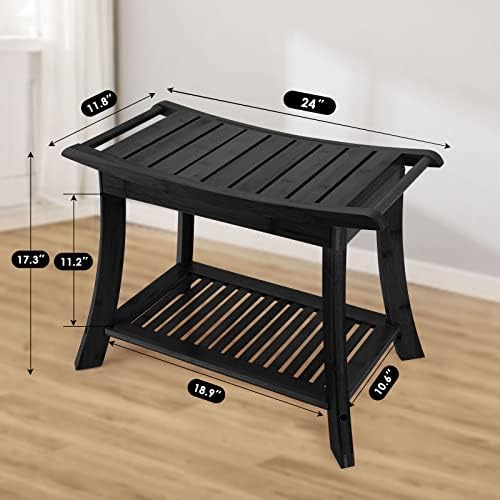 VVW Bamboo Shower Bench & Stool with Storage Shelf, Bath Benches for Inside Shower, Bathroom Stools 2-Tier Spa Seat for Adults Elderly (Black)