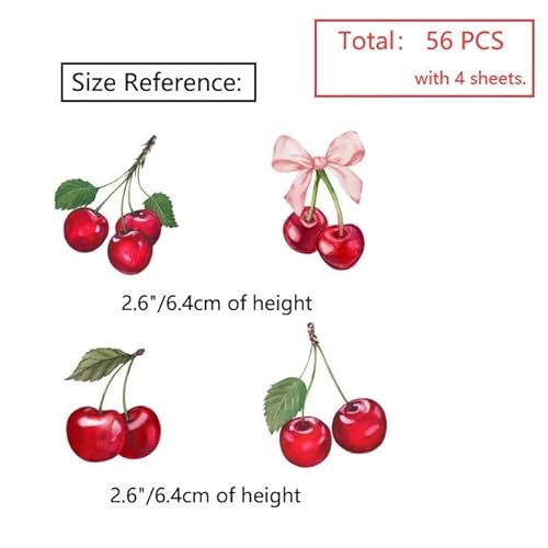 Cherry Wall Stickers,Cherry Wall Decals Peel and Stick for Kitchen Decor,Cherries Wallpaper Peel and Stick,Cherry Wall Art Decal Stickers 56 pcs