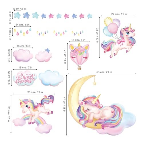 wondever Rainbow Unicorn Wall Stickers Sleeping Unicorn Balloons Sweet Dream Moon Wall Art Decals for Girls Room Baby Nursery Kids Bedroom