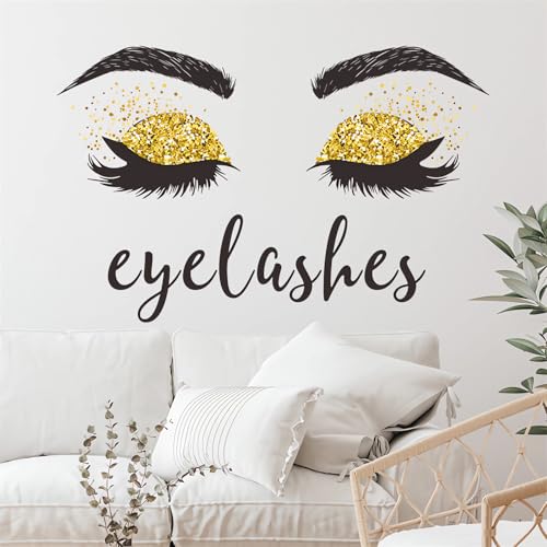 Golden Eyelash Eyes Wall Stickers, sacinora Inspirational Quotes Wall Decals Removable Vinyl Peel and Stick for Women Girl Kids Living Room Bedroom Art Home Decorations
