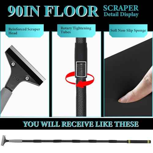 Floor Scraper Long Handle,16 to 90In 4 inch Heavy Duty Razor Blades Floor Scraper with 10PC Blades Sponge Handle Iron Tube Scraper for Cleaning Quick and Easy Removal Price Stickers