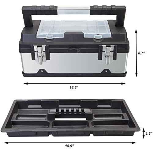 Road Dawg ROAD DAWG A5519BD Torin 18" Stainless Steel Portable Storage Tool Box Organizer with Metal Lock, Clear Lid Compartments, and Removable Tray - Stainless Steel/Black