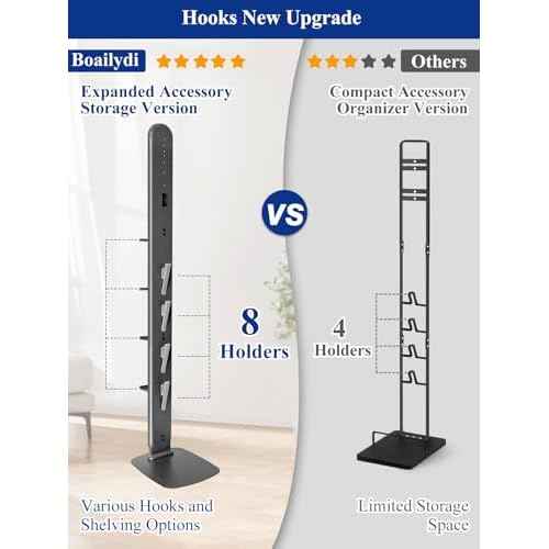 Metal Vacuum Stand for Dyson Gen5 V15 V12 V11 V10 V8 V7 V6 Cordless Vacuum Organizer with 4 Hooks & 4 Shelves, Hidden Cable Design, Space-Saving Attachment Holder for Dyson Cordless Vacuums