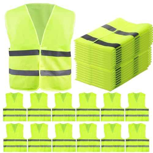 12 Pack High Visibility Safety Vests, Mesh Security Vest with 2 Reflective Silver Strips, Construction Work Vest Bulk for Men Women Traffic Emergency Work Running Cycling, Fluorescent Green