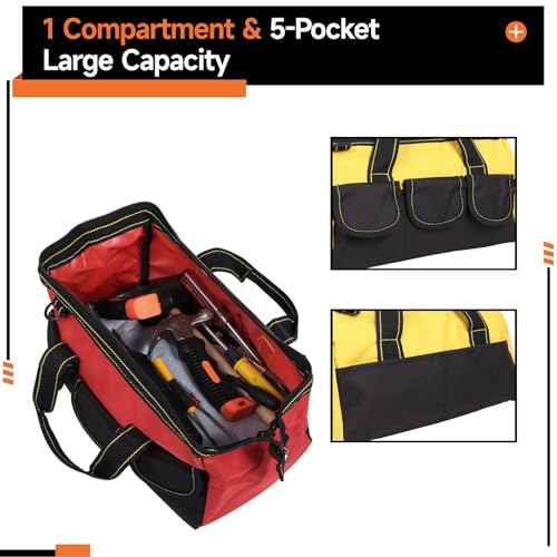 4 Pcs Tool Bags for Men, Heavy Duty Waterproof Tool Tote Bags with Shoulder Straps, Multi Pockets Tool Organizers with Wide Mouth and Hard Bottom for Electrician, Carpenter