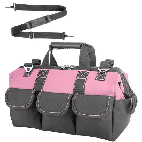 Women Heavy Duty Tool Bag Storage Organizer for Tools,16 x 7.5 x 10.5 inches,50 Pound Capacity, 600D Polyester Fabric (Pink)