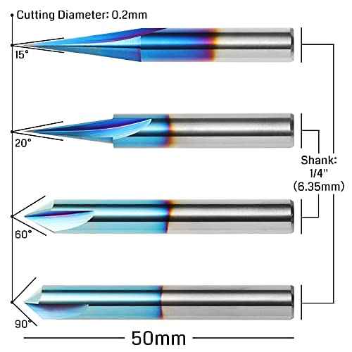 Genmitsu CNC Wood Carving Router Bits Set, 1/4'' Shank, 4 PCS, 15¡Æ Detail Carving Liner+ 20¡Æ Profile bit+ 60¡Æ & 90¡Æ V Groove, WC04A