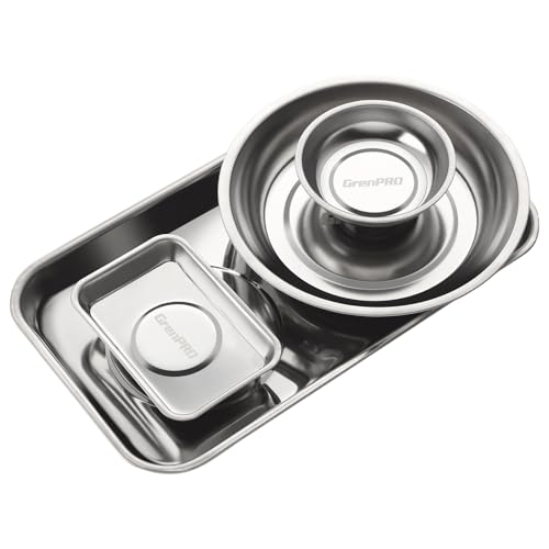Magnetic Tray 4-Pack | Stainless Steel Magnetic Parts Trays | 3 Inch, 6 Inch, Square & Shallow Tray Set