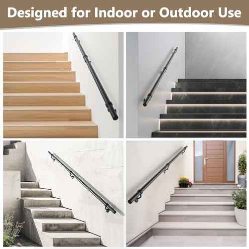Stair Railing Indoor 6 Feet Hand Rails for Indoor/Outdoor Steps 1.5" Round Porch Railing Wall Mount Aluminum Hand Rails for Indoor Stairs Industrial Staircase Handrails