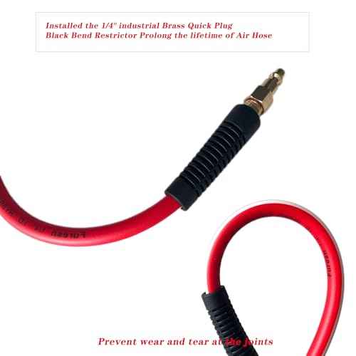Air Hose 1/4 in x 25 ft, Heavy Duty, Lightweight, Kink Resistant, Hybrid Air Compressor Hose with 1/4 in Solid Brass Male Fittings, Bend Restrictors, 300 PSI(25FT, Red White)
