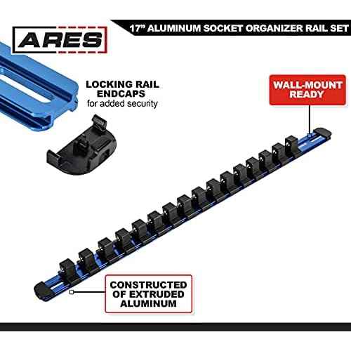 ARES 60125-3-Piece Blue 17-Inch Aluminum Socket Rail Set with Locking End Caps - Includes 1/4-Inch, 3/8-Inch, and 1/2-Inch Drive Rails - Each Aluminum Rail Stores up to 16 Sockets