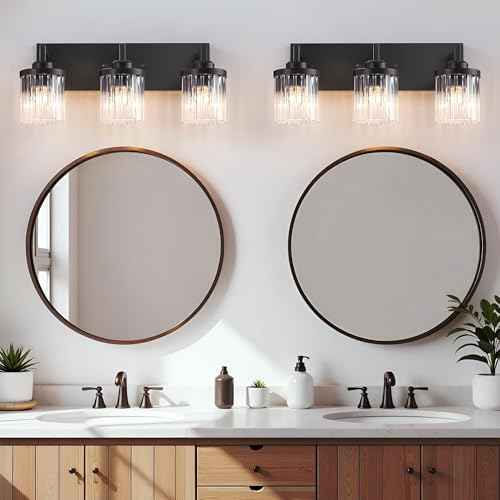 Modern Crystal Bathroom Light Fixtures, 3 Light Black Farmhouse Vanity Lights, with Crystal Glass Shade, Industrial Bathroom Lighting Fixtures Over Mirror Wall Light for Bedroom Living Room