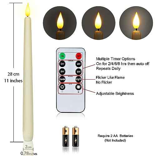 Homemory 24 Pcs Flameless Taper Candles with Remote Timer Dimmer, 11 inches Ivory Candlesticks Battery Operated, Plastic LED Taper Candles with Flickering Flame for Halloween Christmas Church Wedding