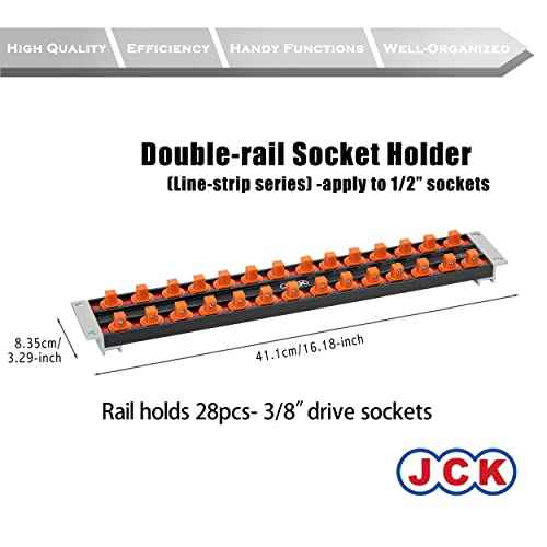 JCK Professional Quality AluminumSocket Organizer,Socket Boss 2-Rail 3/8-Inch-Drive Socket Organizer, 360 degree rotary stud,sockets storage,storage,drawer,holds 28 sockets