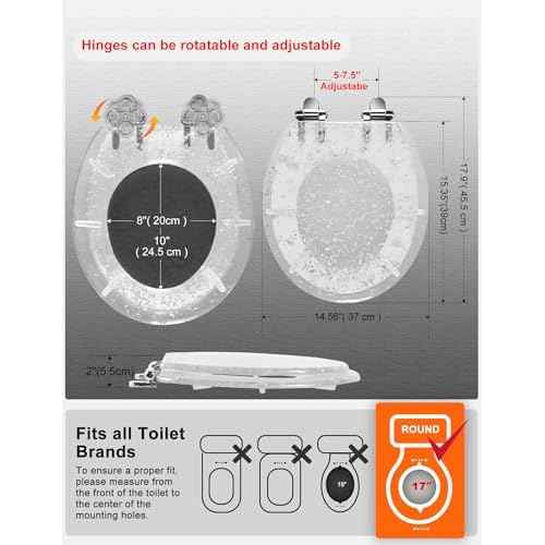 Resin Toilet Seat Round with Easy Clean Adjustable Hinges, Soft Close Quick Release Heavy Duty Silver Glitter Cover Acrylic Toilet Seats (Round 17 Inch, Silver Foil, Upgraded hinge)