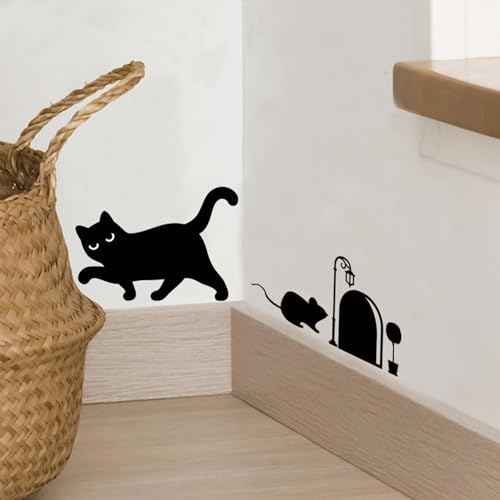 Generic 2 Sheets Black Cat Mouse & Hole Stair Stickers Remove Mouse Hole Wall Decals for Bedroom Living Room Background Home Decor Waterproof Wall Stickers Decorations