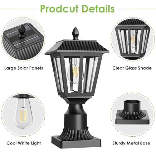 Greluna Solar Post Lamp Lights, 2 Pack 6000K Dusk to Dawn Solar Light with Pier Mount Base, Post Lights Outdoor Waterproof for Garden Yard Landscape Pole Pillar, Outside Decorative Lamp