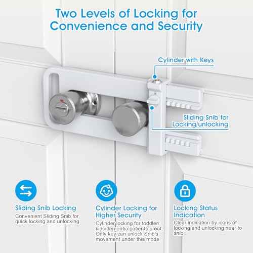 AST Double Door Security Lock, French Door Lockout Device with Keys, Reinforcement Lock for Knobset and Handleset, Prevent Kick Ins, Childproof, Kids Proof Barricade (White with Snib and Cylinder)