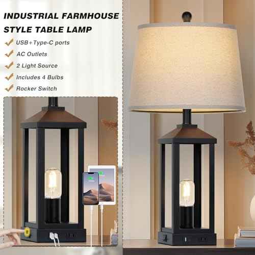 28" Tall Vintage Table Lamp Set of 2 with USB C+A & Outlet,Black Industrial End Table Lamp for Living Room,Farmhouse Rustic Bedside Lamps Set of 2 with Night Light ,Vintage Bedroom Lamp for Nightstand
