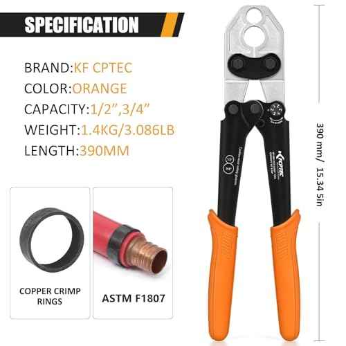 KF CPTEC Pex b Crimping Tool Heavy-Duty Forged Steel PEX Crimp Tool with Tubing Cutter for 1/2'' & 3/4'' Copper Crimp Rings, Includes Go/No-Go Gauge, ASTM F1807 Plumbing Tool