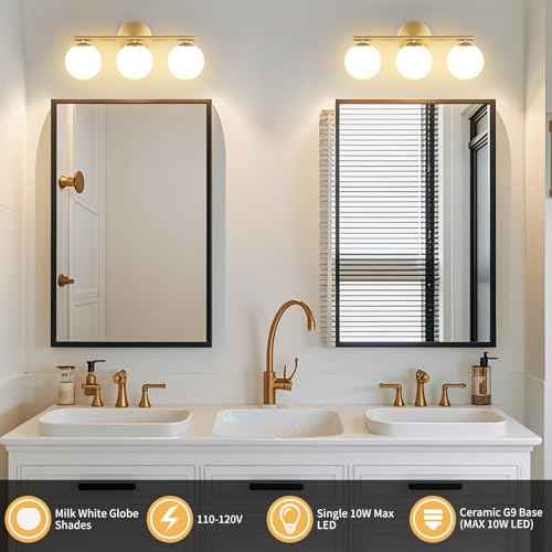 Globe Bathroom Light Fixtures 3-Light Brass Gold Vanity Light with Plastic Milk White Globe Shades 11.81 inch Wall Sconce Lighting Over Mirror, Vanity Lights for Bathroom Bedroom Hallway