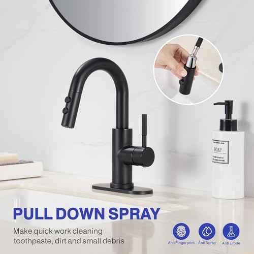 Bathroom Sink Faucet with Pull Down Sprayer, Matte Black Single Handle Pull Out Faucet with Pop-Up Drain, 1 or 3 Hole Laundry Bar Basin Faucet with Deck Plate, KBL-7002B-CL2
