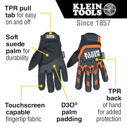 Klein Tools Work Gloves, Heavy-Duty Suede Palm Gloves, TPR Impact Resistant, Touchscreen-Capable, Hook and Loop Wrist Strap