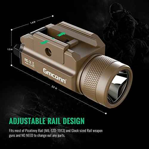 Gmconn 1200 Lumens Rail Mounted Compact Pistol Light LED Strobe Tactical Gun Flashlight Weaponlight for Picatinny MIL-STD-1913 and Glock Pistol Weapon Light with 2 x CR123A Lithium Batteries