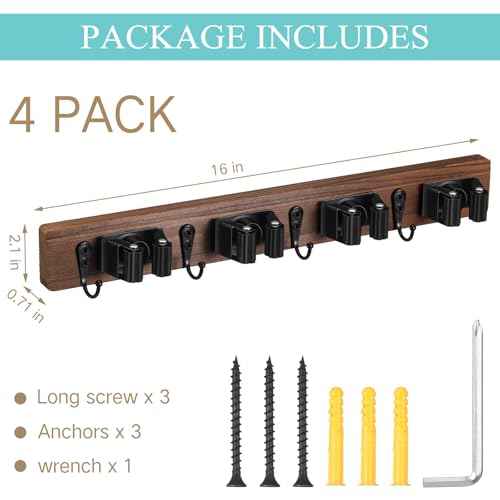 Chunful 4 Pack Mop and Broom Holder Wall Mount, Rustic Wood Broom Hanger with 4 Slots & 4 Hooks, Wall Mounted Garden Tool Rack Organizer for Bathroom Kitchen Closet Garage Room Office
