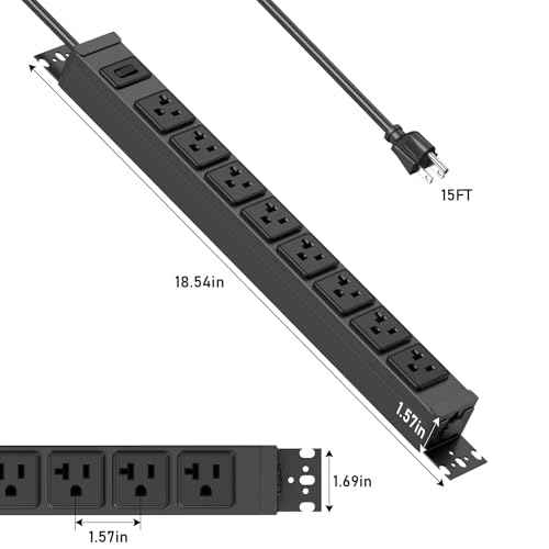 JUNNUJ Heavy Duty Power Strip Wall Mount, 20 Amp Surge Protector 1200J Metal 8 Outlet Under Desk Mounted 20A, Garage Power Table Socket Industrial Outlets 6-20R T-Slot, Black-15FT 12AWG Extension Cord