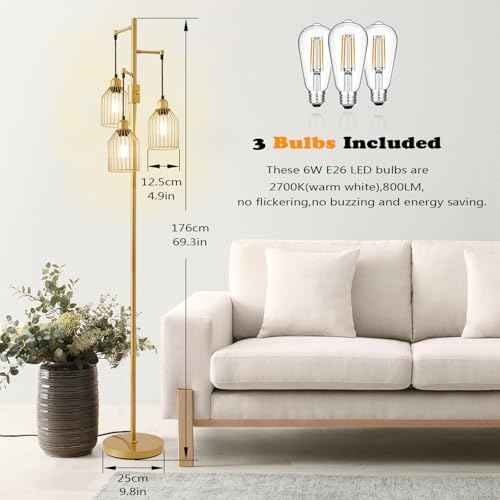 Dimmable Floor Lamp for Living Room, Farmhouse Floor Lamps with Elegant Hanging Cage, 3 x LED Edison Bulbs Included, 68.5" Industrial Standing Light for Bedroom Office Home Decor (Gold)