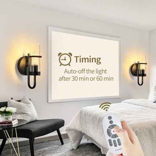 Battery Operated Wall Sconce Set of 2, Rechargeable Wireless Wall Lights with Remote, Dimmable Black Sconces with Clear Glass Shade for Bedroom Living Room Hallway, 3000K Crystal Bulb Included