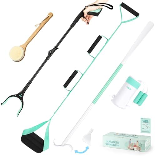 INMAKER 5PCS Hip Kit, Hip Kit for Seniors Total Replacement Prime After Surgery, with 32in Roeating Reacher Grabber, 4 in 1 Multifunction Handle Shoehorn, Leg Lifter, Sock Aid, Shower Brush