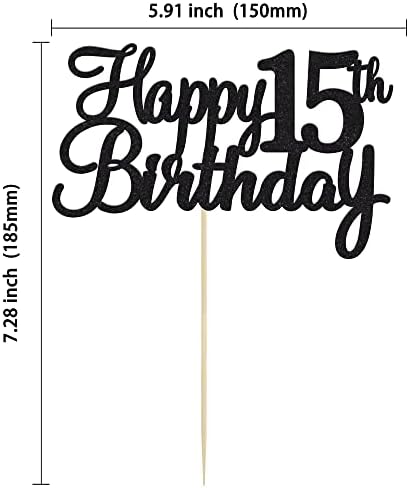 Gyufise 1Pc Black Happy 15th Birthday Cake Topper Glitter 15th Birthday Cake Pick Cheers to 15 Years Old Fifteen Fabulous Cake Decorations for 15th Birthday Theme Party Supplies
