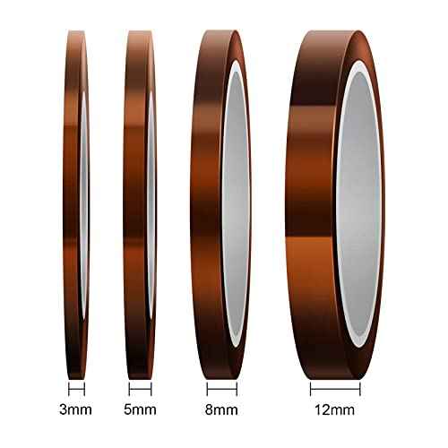Luter 4 Rolls of Heat Resistant Tape High Temperature Polyimide Adhesive Tape for Sublimation, 3D Printer, Wave Soldering (3 mm/5 mm/8 mm/12 mm x 33 m, Fawn)